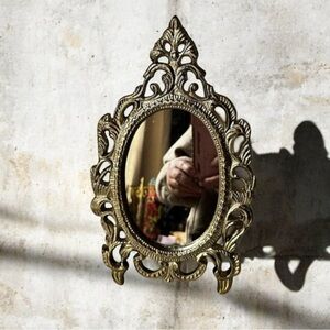 Ornate Vanity Mirror Oval metal Frame Scrollwork Tabletop Stand..